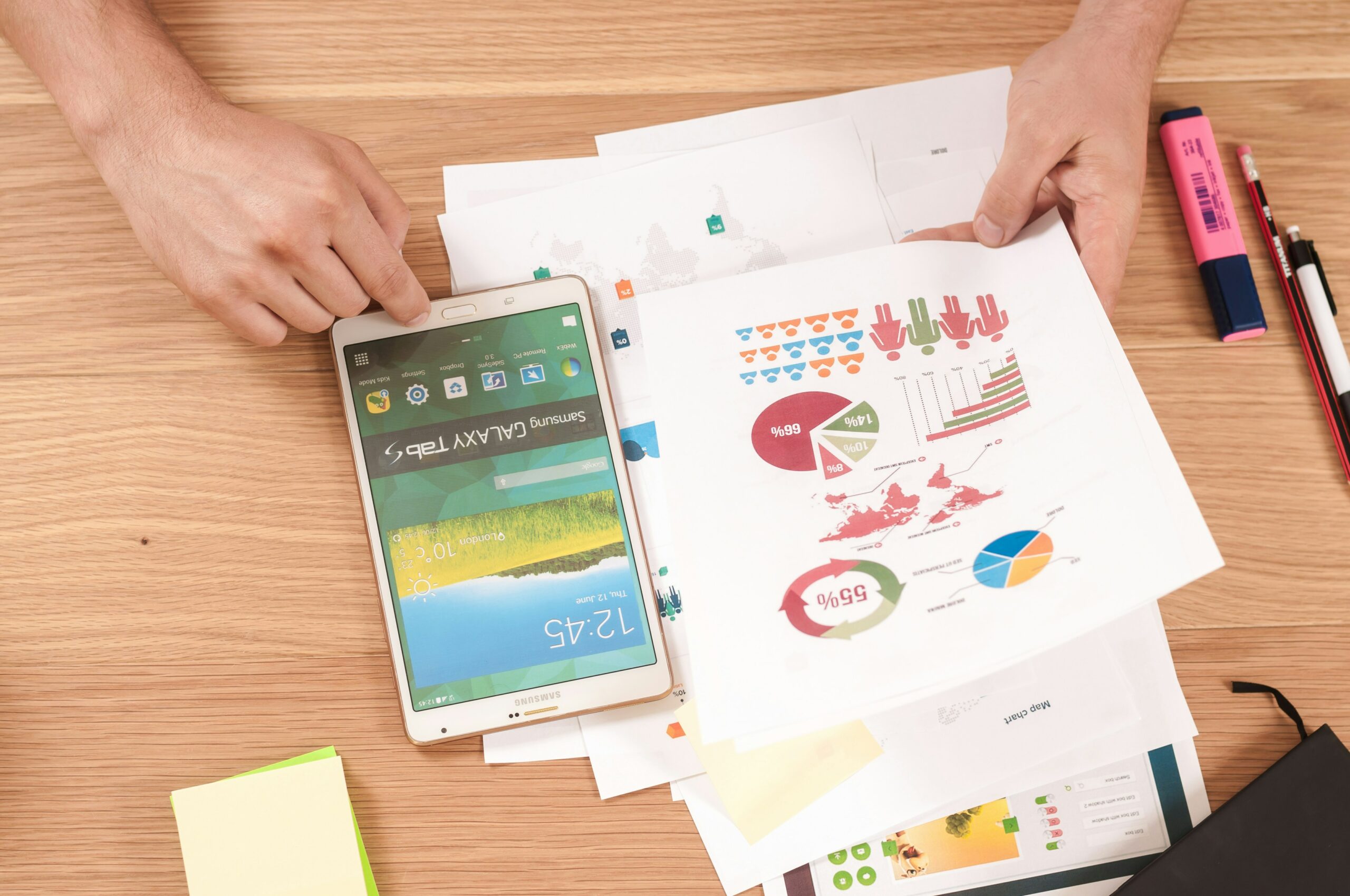 Charts and a tablet on a project managers desk